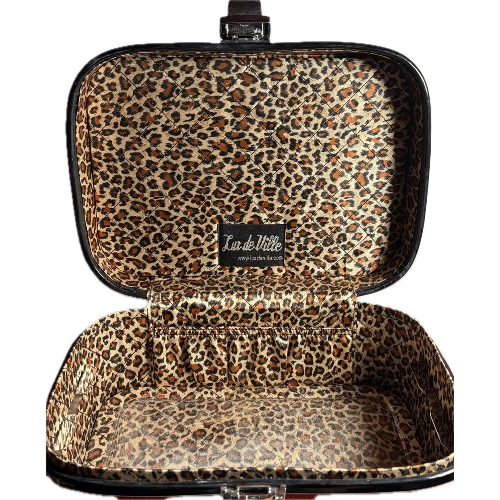 Lux de Ville Red Glitter Vanity‎ Case Leopard Print Retro Pinup Makeup Trunk Bag